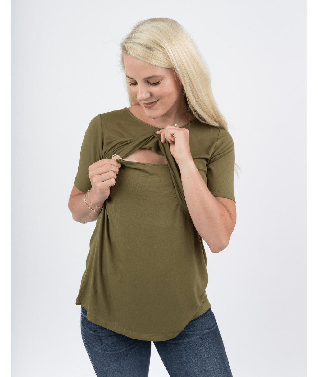 Olive Short Sleeve Nursing Shirt from Undercover Mama - Perfect for Pregnancy and Breastfeeding